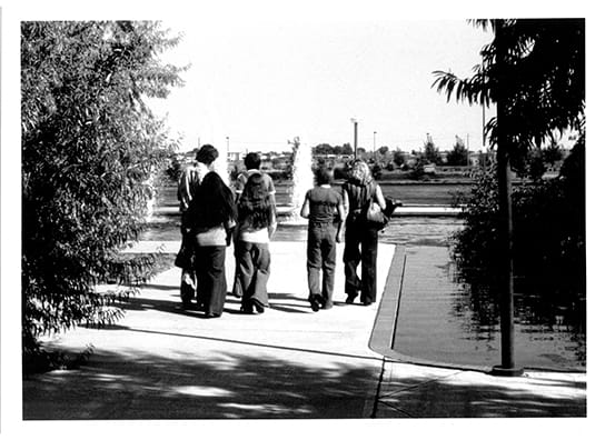 Retro black and white photo (1971), group of MHC students with backs to camera