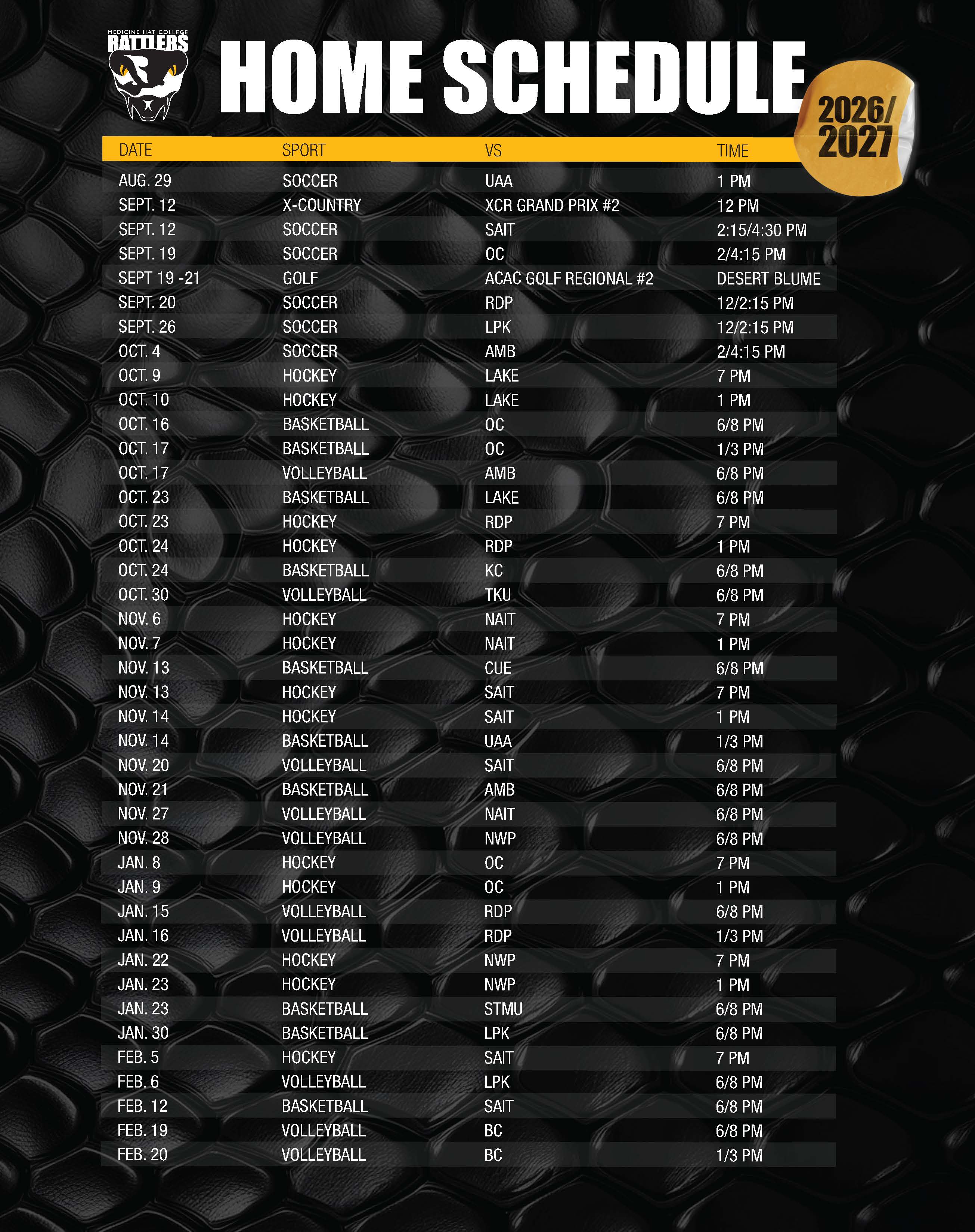 Medicine Hat College Ratters home schedule for 2025/2026. List of all dates, sports, and times.