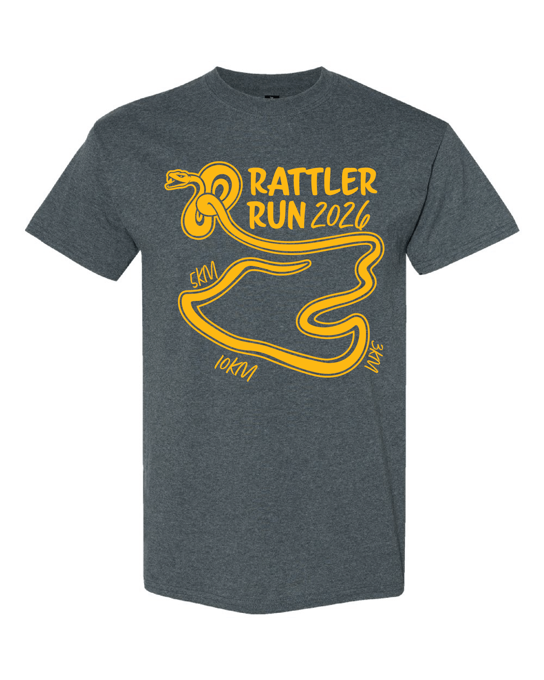 Rattler Run 2026 t-shirt with yellow Rattlesnake and race distances
