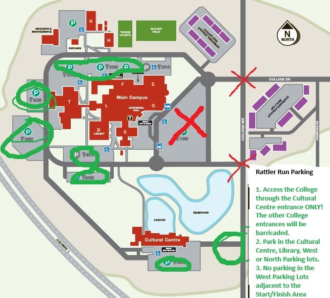 Rattlers Run 2025 aerial map of Medicine Hat Campus with route directions. 