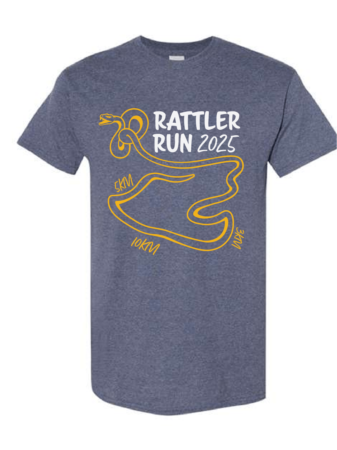 Rattlers Run 2025 shirt with logo that stretches into a map of the kilometers. 