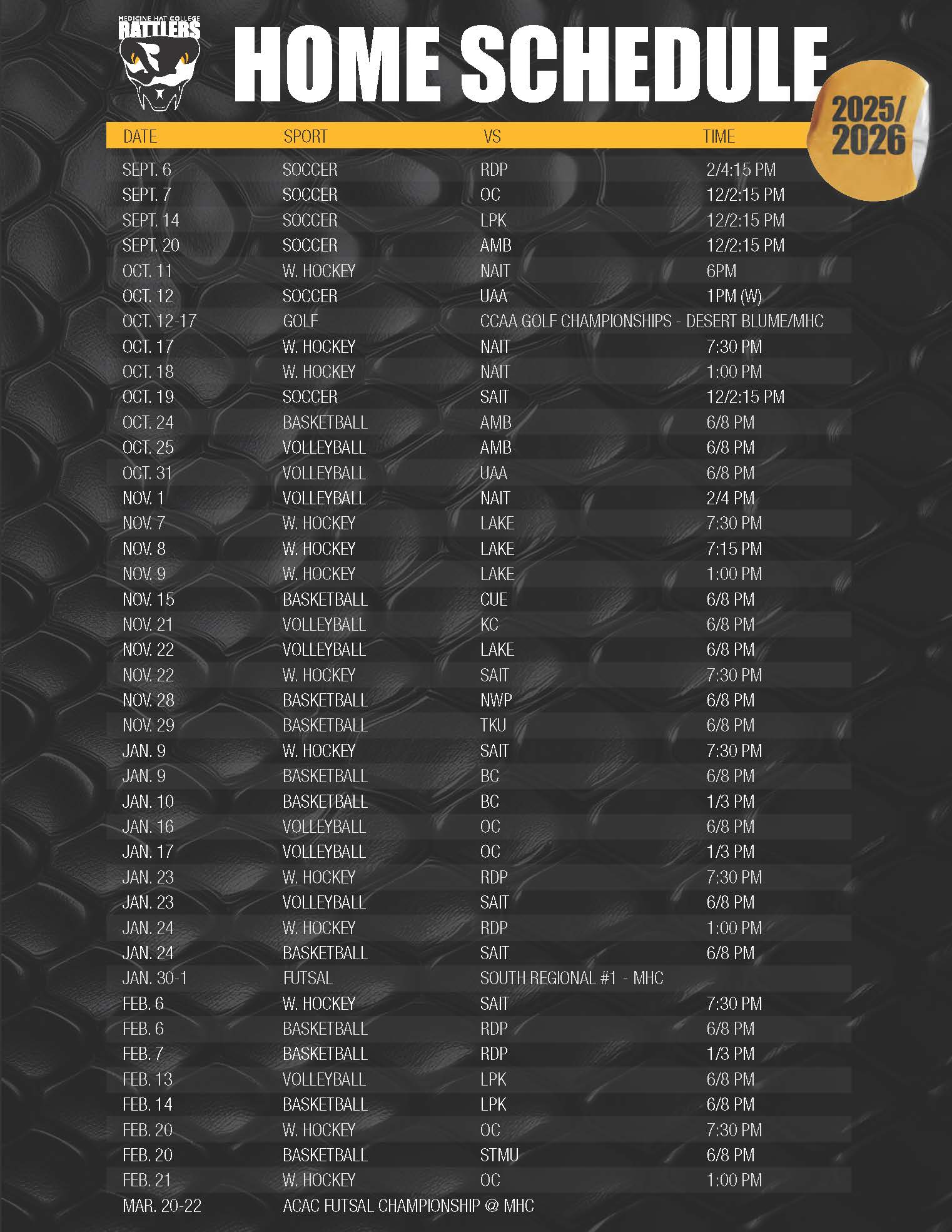 Medicine Hat College Ratters home schedule for 2025/2026. List of all dates, sports, and times.